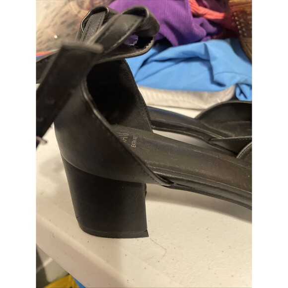 LADIES EVANS BLACK LEATHER CHUNKY HEELED SHOES SIZE 11 Elaine Extra Wide - Picture 3 of 6